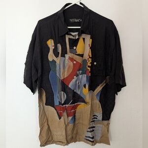 Tori Richard Honolulu Hawaii XL Black Shirt Lady Jazz Martini Piano Print